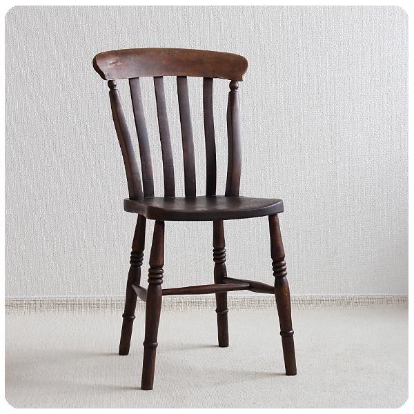 イギリス アンティーク ラスバックチェア キッチンチェア 椅子 古木 家具「一枚板座面」V-440_画像1