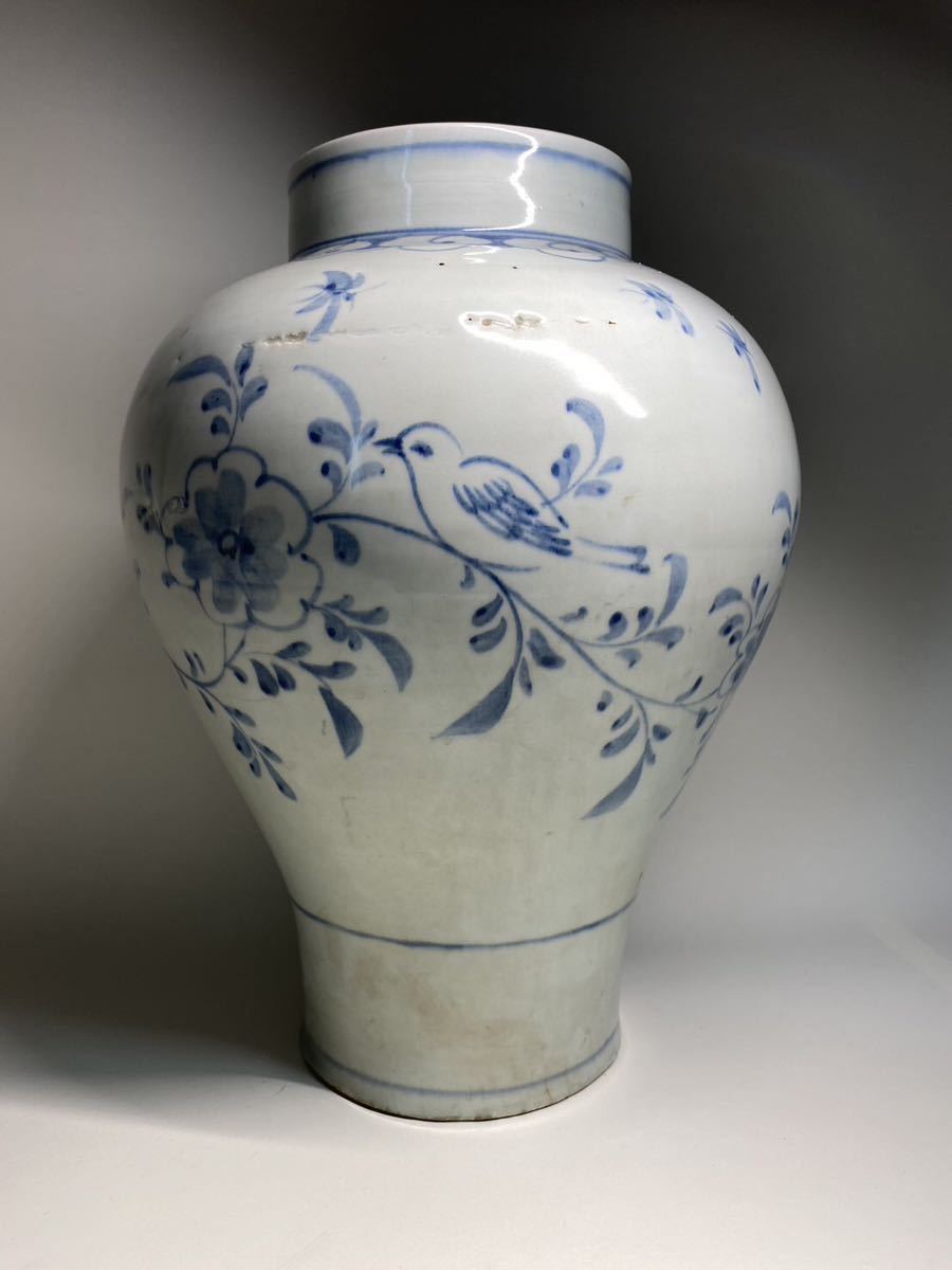 N35 収集家保管品朝鮮美術名品李朝花鳥図青花染付壺花瓶花入花生花器