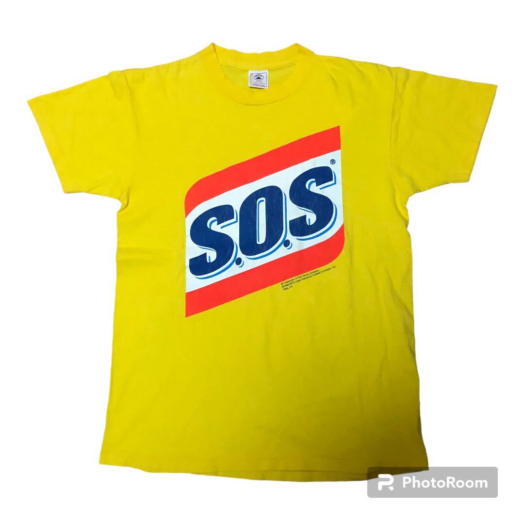 90s USA製 S.O.S 企業ロゴ Tシャツ M イエローの画像1