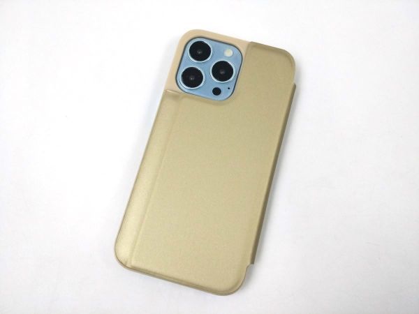 iPhone 13 Pro用 鏡面 手帳型ミラーフリップケース カバー 半透明 ゴールド_画像2