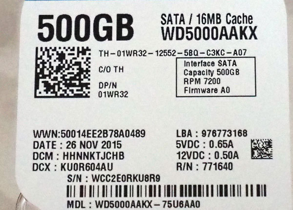 ▲　3.5インチHDD　SATA　500GB　WD5000AAKX　WesternDigital　エラー無し　おまけ：SATAケーブル（約45cm）　▲_画像3