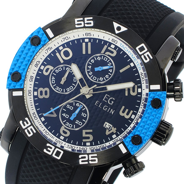 エルジン ELGIN クオーツ クロノ メンズ 腕時計 EG-001-BL ブルー ブラック_画像2