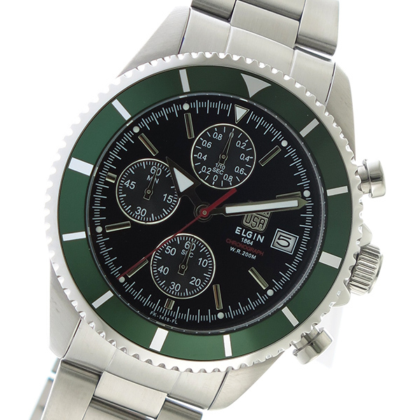 エルジン ELGIN クロノ クオーツ メンズ 腕時計 FK1418S-GR ブラック ブラック