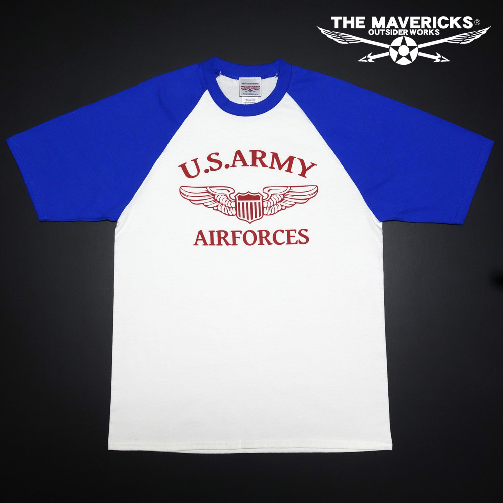 ラグランTシャツ L メンズ 半袖 アメカジ MAVERICKS ブランド ミリタリー ARMY AIRFORCE パイロットウィング ホワイト ブルー_画像3