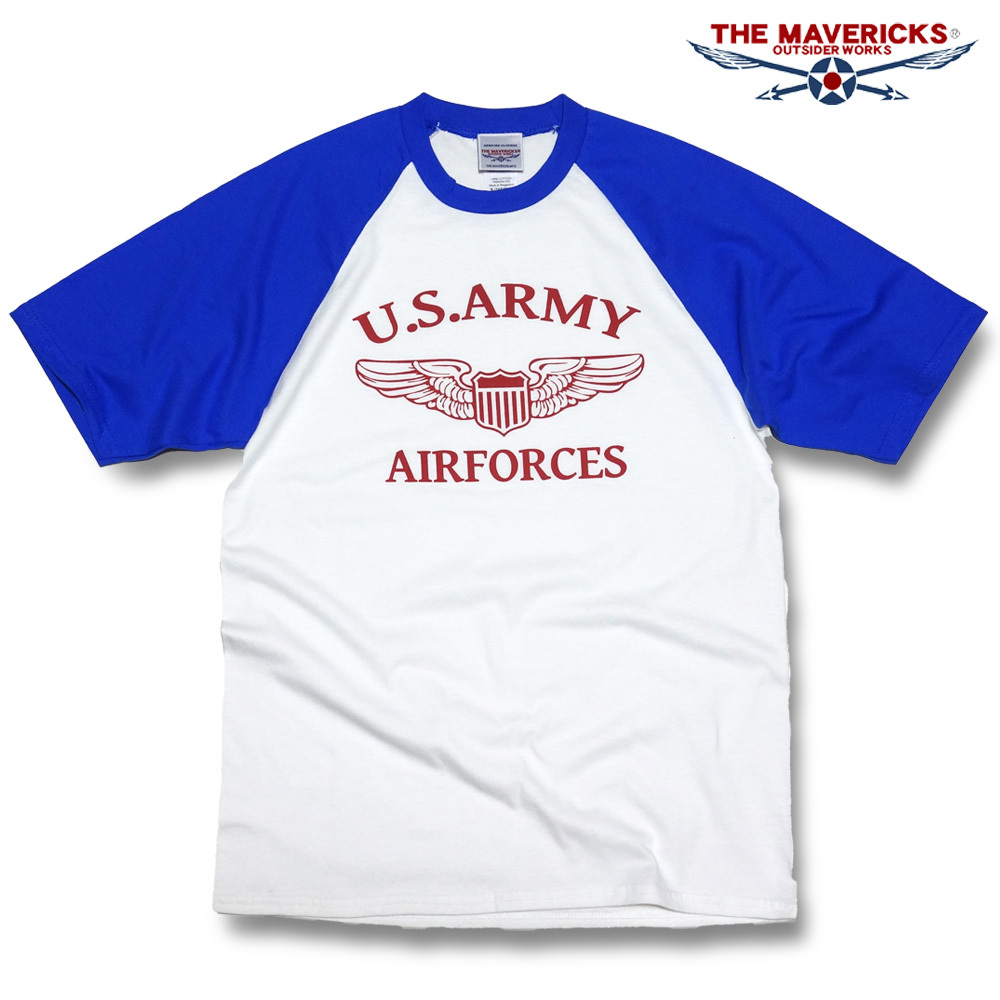 ラグランTシャツ L メンズ 半袖 アメカジ MAVERICKS ブランド ミリタリー ARMY AIRFORCE パイロットウィング ホワイト ブルー_画像1