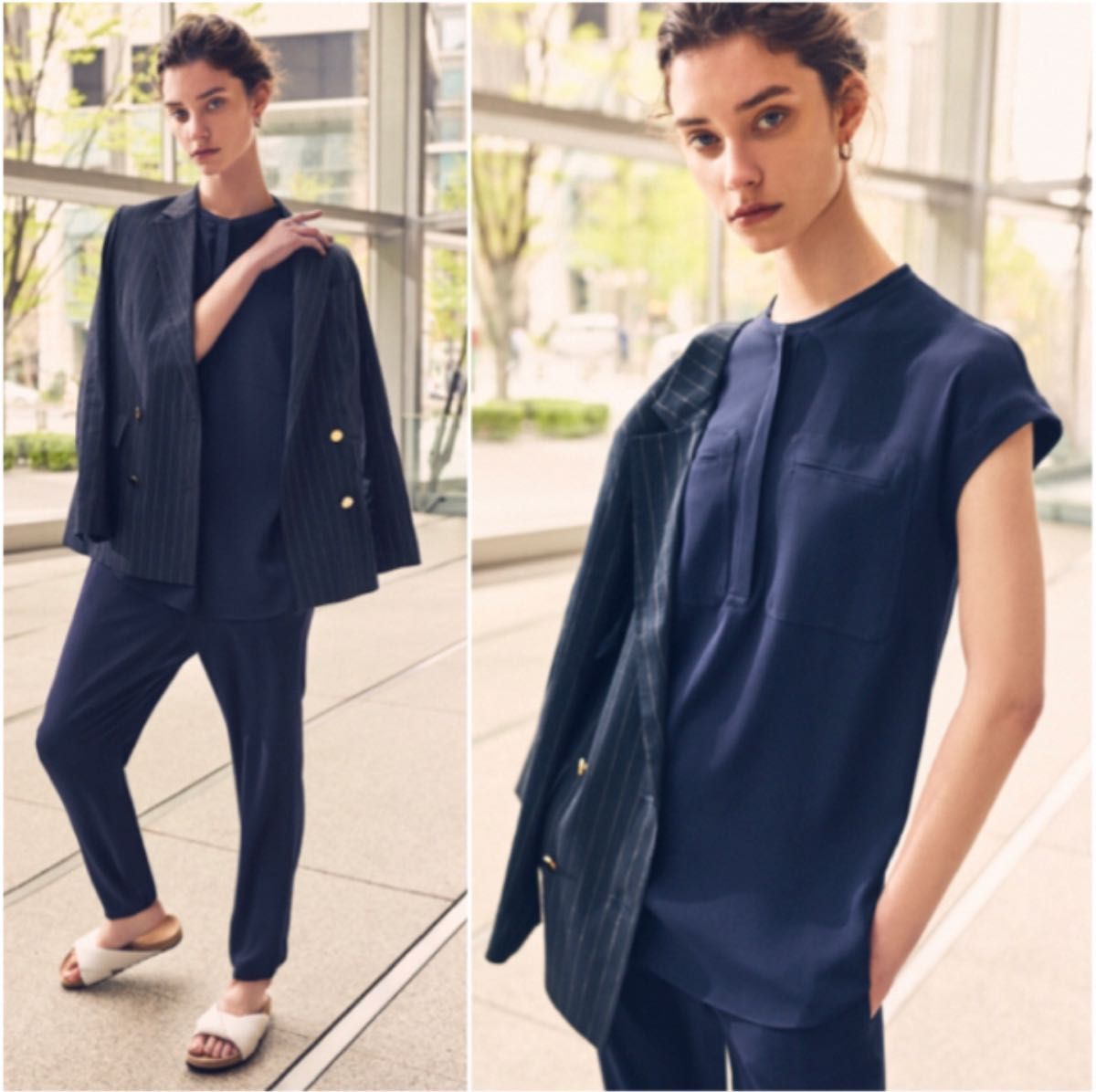 美品♡ theory luxe 完売 ウォッシャブル パンツセットアップ 紺色 Theory 21SS 完売 セットアップ ウォッシャブル ブラウス パンツ