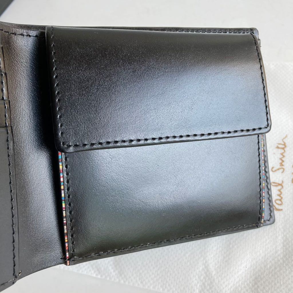 Paul smith レザーリュクスシャイン 二つ折り財布 ポールスミス 財布 牛革 レザー BPS564 ストライプポイント ブラック コンパクト