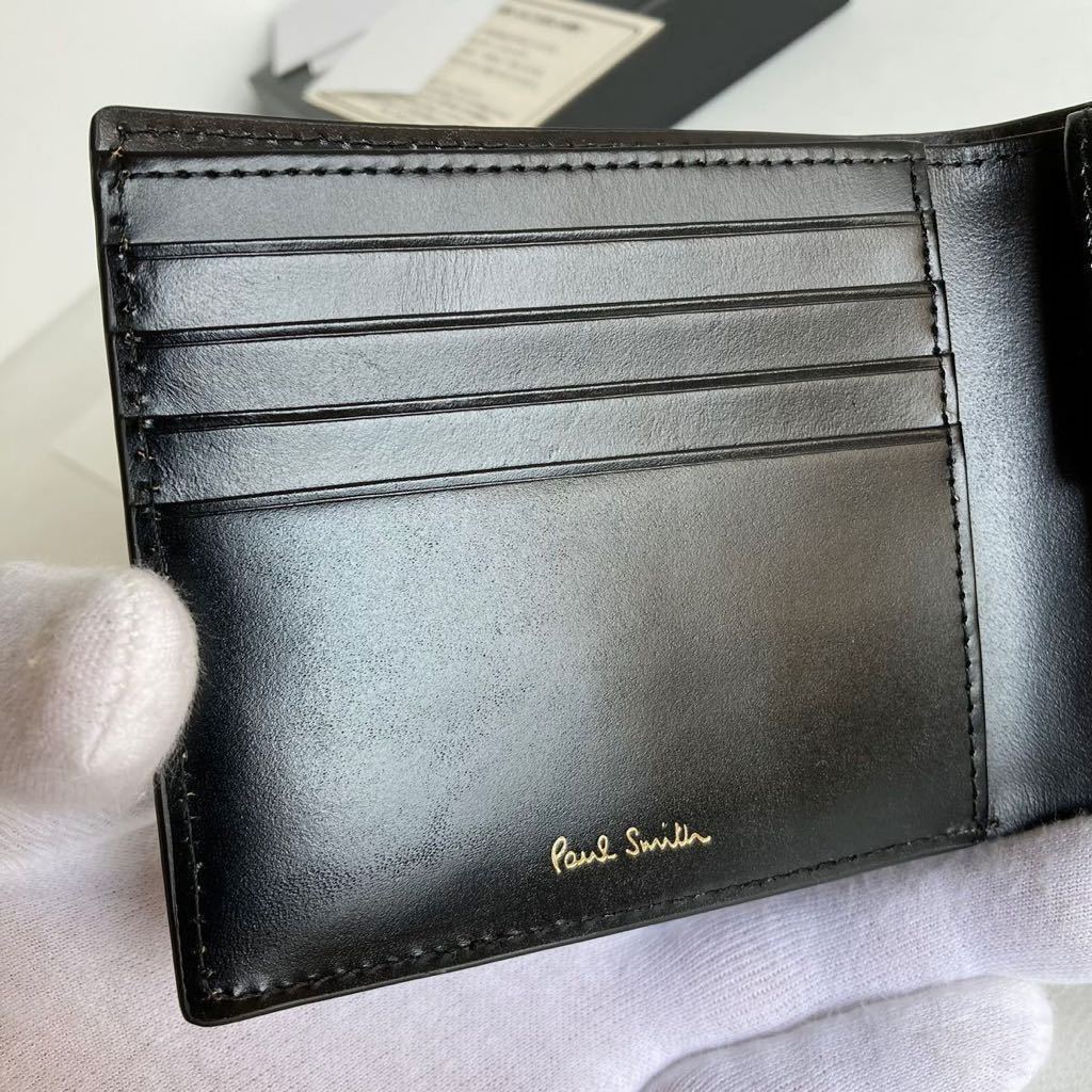 Paul smith レザーリュクスシャイン 二つ折り財布 ポールスミス 財布 牛革 レザー BPS564 ストライプポイント ブラック コンパクト