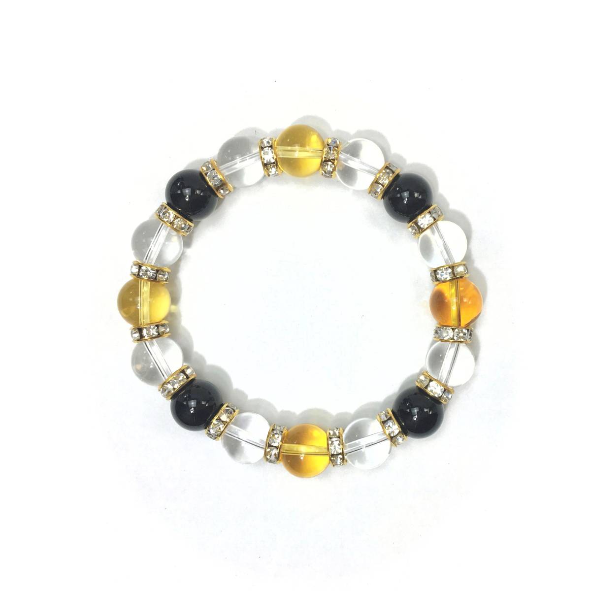 シトリン×水晶×オニキス パワーストーン ブレスレット 天然石ブレス (ロンデル： ゴールド) 10mm メンズ・レディース