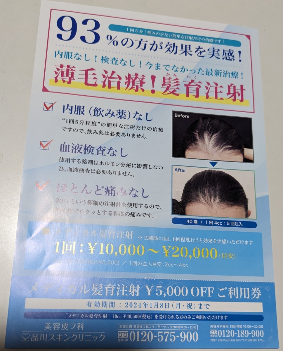 メディカル髪育注射 5000円OFF ご利用券 品川スキンクリニック 美容皮
