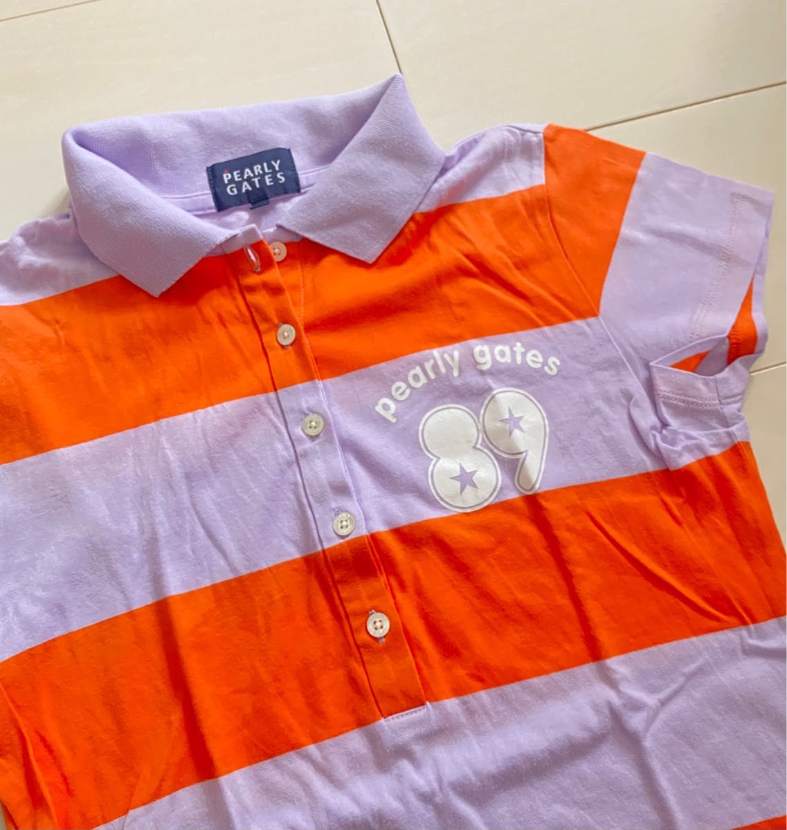 パーリーゲイツ　オレンジ×紫　ボーダー柄　ポロシャツ2 レディースカットソーゴルフウエアーgolf春夏半袖Mトップス