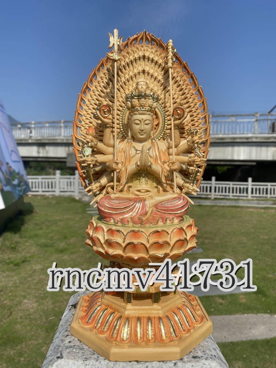 「81SHOP」千手観音坐像★高さ28cm 仏教美術 仏像 彫刻 檜木 置物 美術品 東洋彫刻