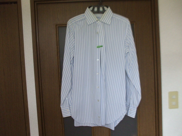 ドレイクス　DRAKE'S　ストライプ柄　長袖シャツ　ワイシャツ　39　水色　MADE IN JAPAN　綿100%　　_画像1