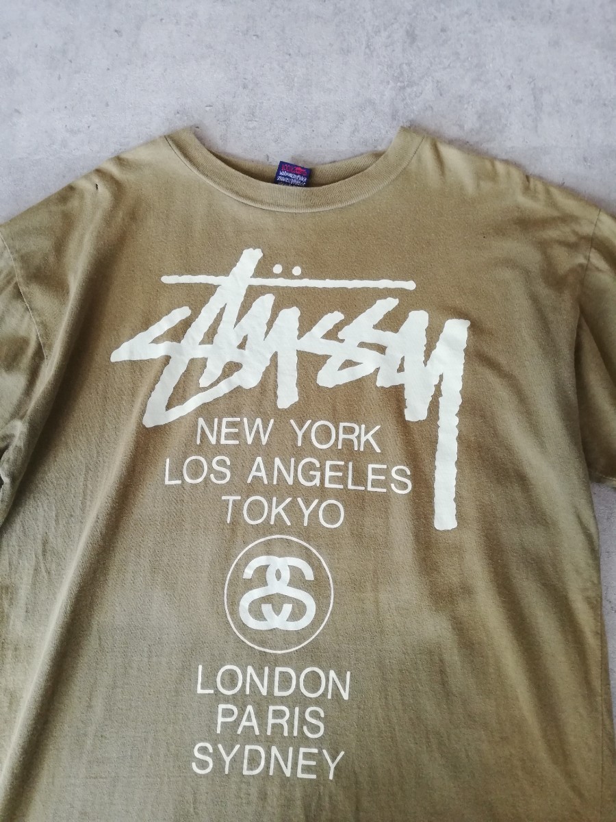 90s OLD STUSSY ワールドツアー Tシャツ カーキ L ヴィンテージ