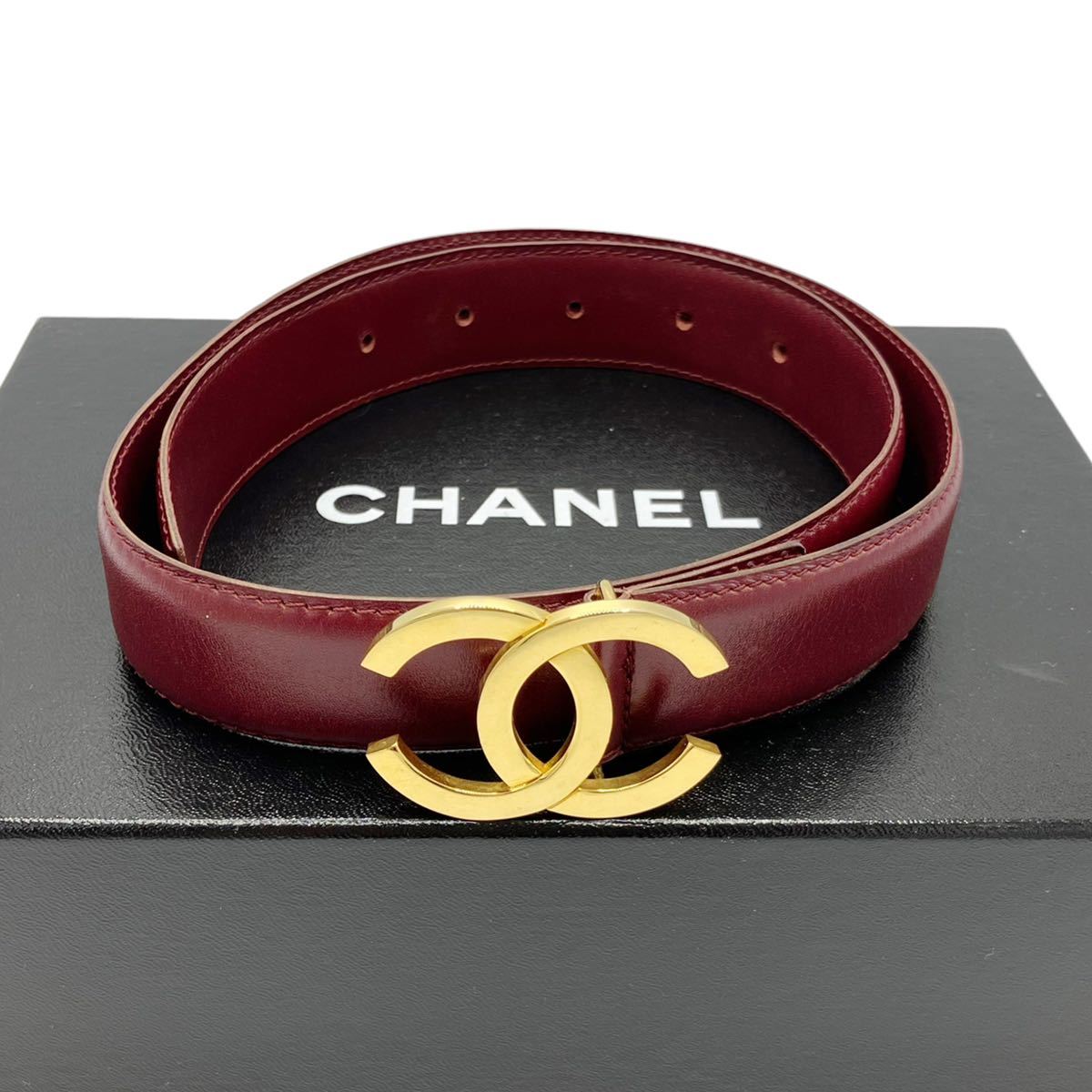 良品】シャネル CHANEL ココマーク 65/26 ロゴ レザー ベルト レッド