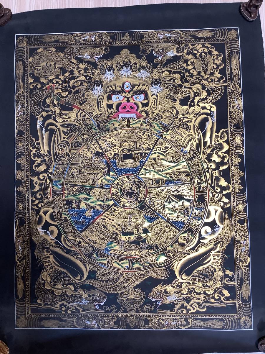 《 チベット密教　新品　1点物 》 手描き　タンカ　曼荼羅　六道輪廻　41