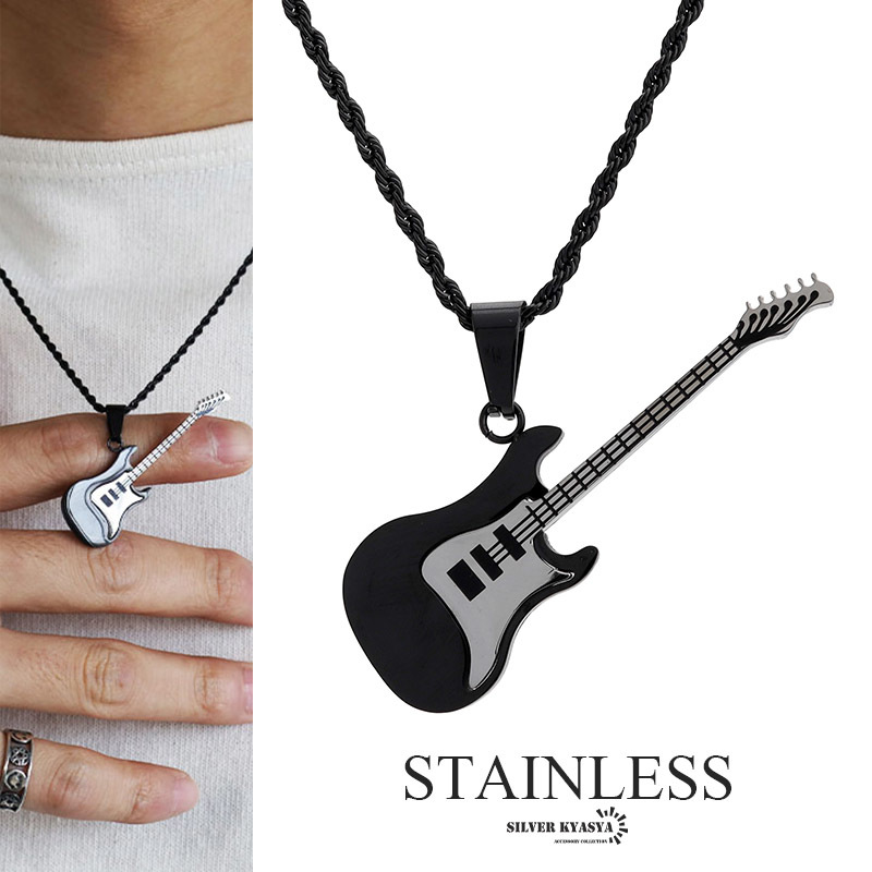 STAINLESS ギターネックレス ペンダント guitar ロック 系 ミュージック ブラック 黒メンズ ステンレス素材_画像1