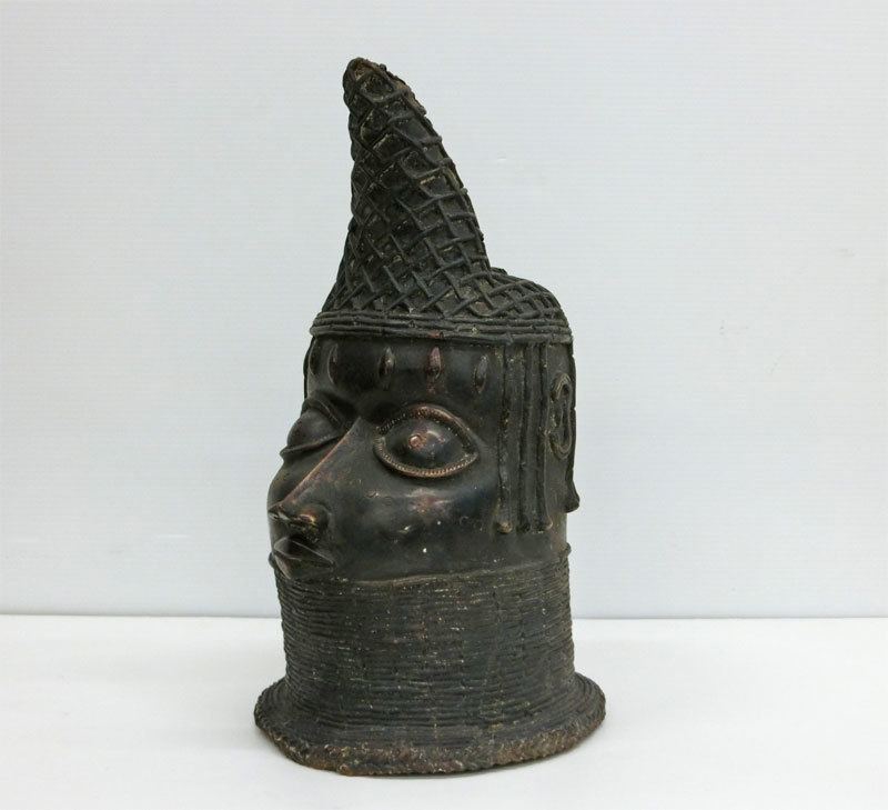 ◎b) アフリカ美術 ベニン ブロンズ 頭像 / ベニン王国 ナイジェリア 彫刻 置物 オブジェ Benin Bronze Head _画像1