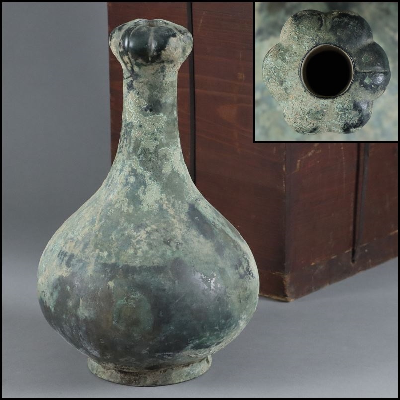 奇中国美術古銅製青銅器蒜頭瓶長首瓶鶴首柑子口花瓶花器中國古玩唐物
