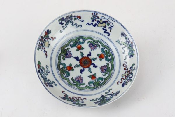 氷】中国古玩中国美術唐物清時代大清嘉慶年製色絵粉彩花文飾皿皿初荷
