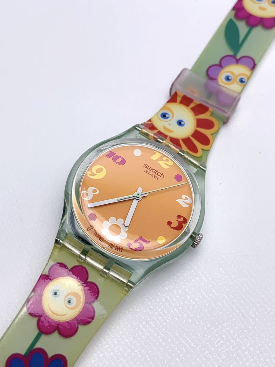 T612 美品 Swatch スウォッチ 腕時計 クォーツ オレンジ文字盤 花柄 フラワー スイス製