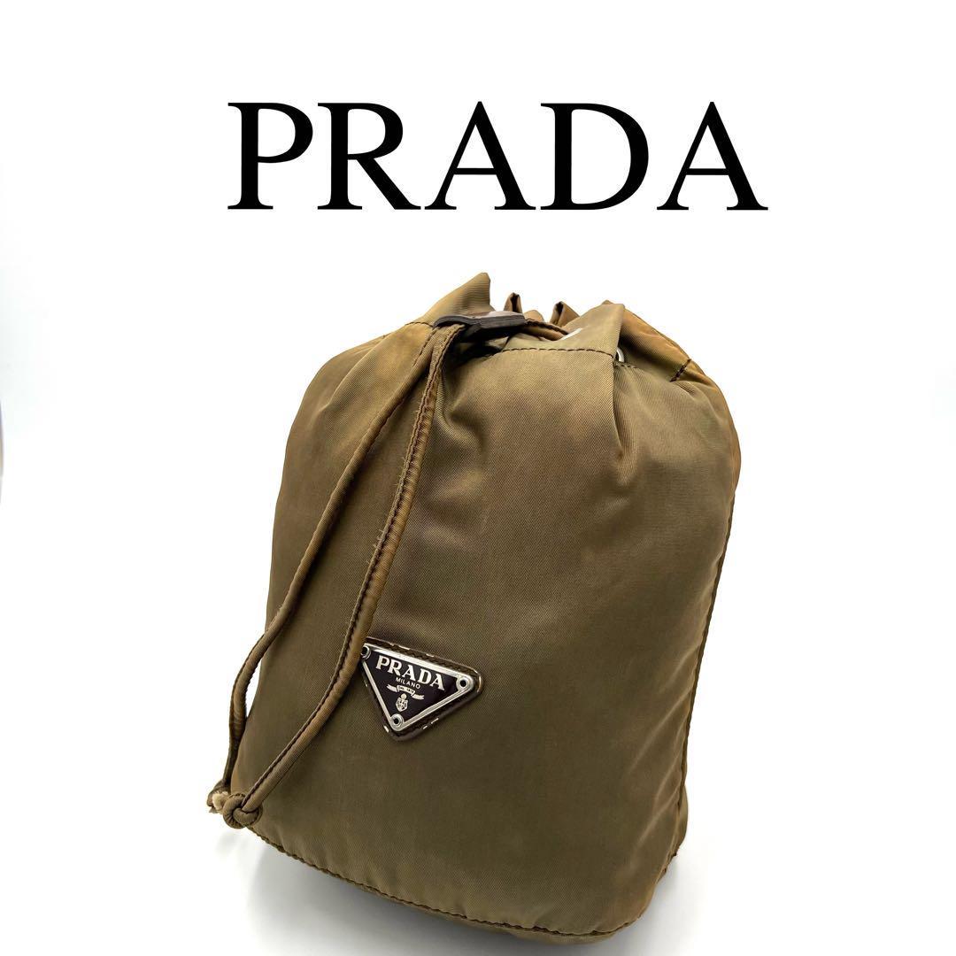 PRADA プラダ ポーチ 大容量 ミニバッグ 巾着 ロゴプレート カーキ系