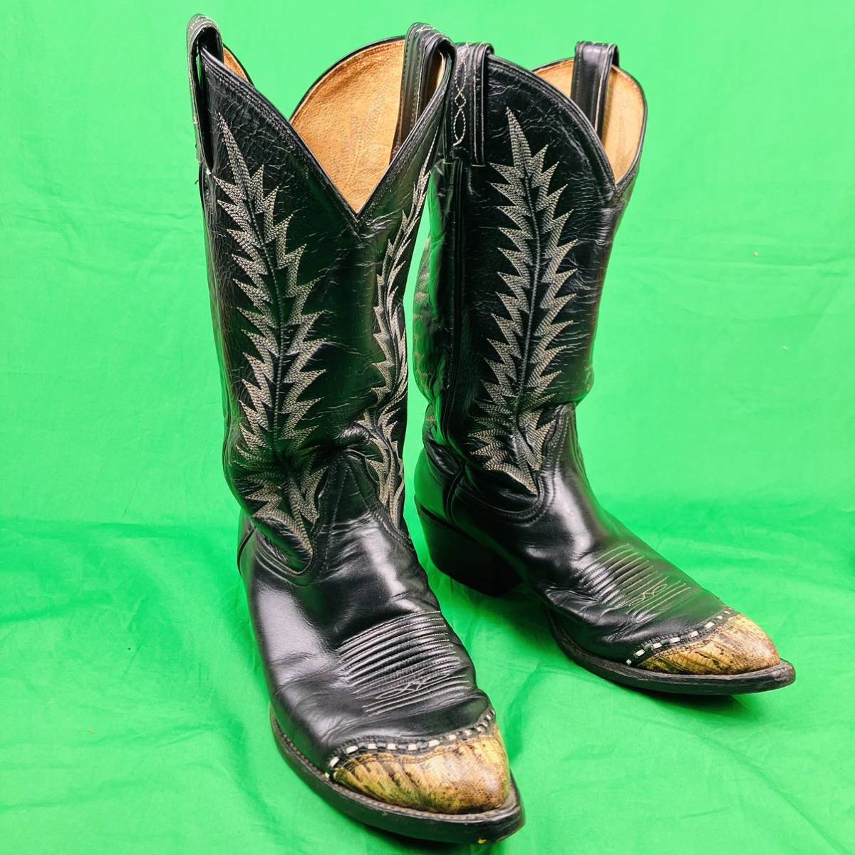  prompt decision 80s Tony Lama approximately 26.5cm Lizard leather embroidery black yellow Tony Lama western boots black tag men's boots 