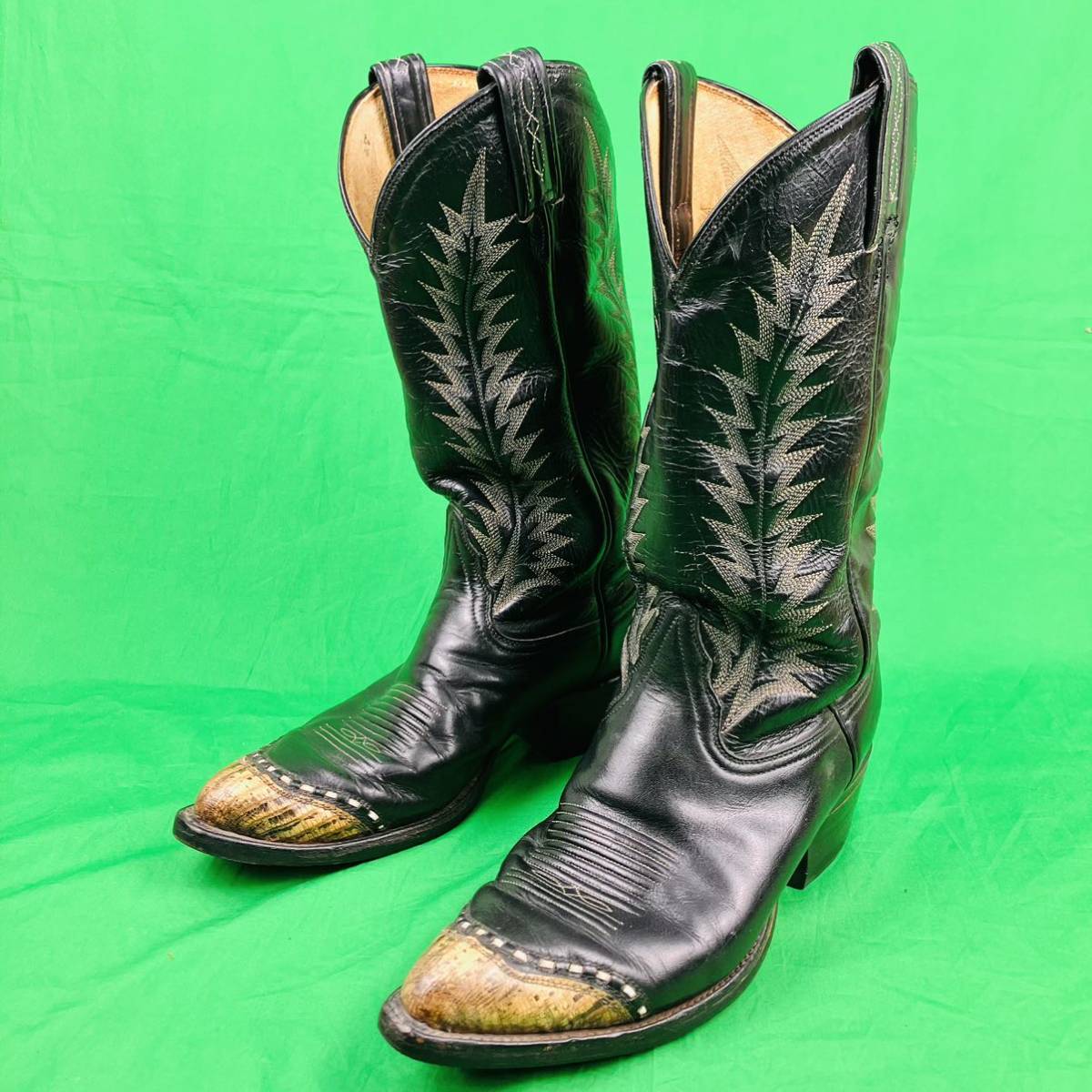  prompt decision 80s Tony Lama approximately 26.5cm Lizard leather embroidery black yellow Tony Lama western boots black tag men's boots 