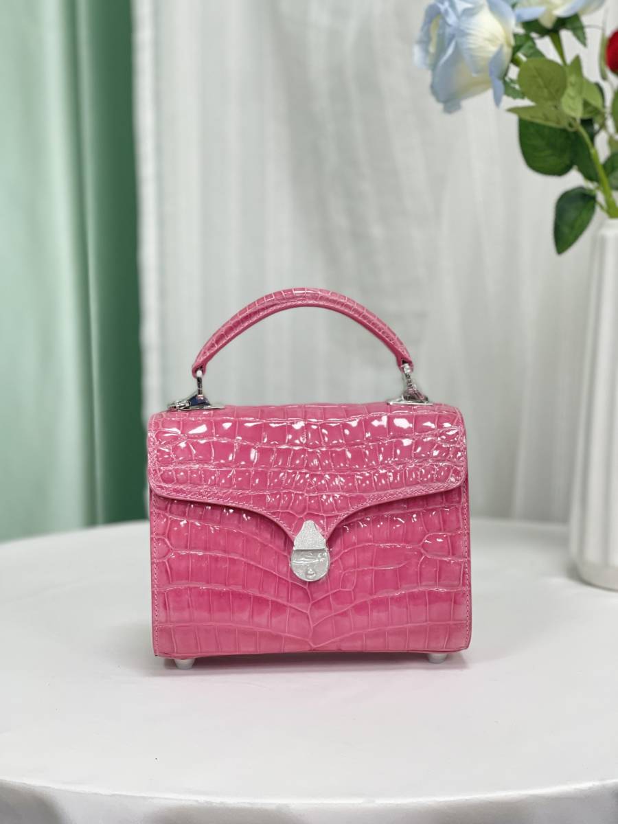 高品質 レディースバッグ ナイル ワニ革 鞄 クロコダイルレザートートバック ハンドバッグ ショルダーバッグ シャイニングクロコ ピンク