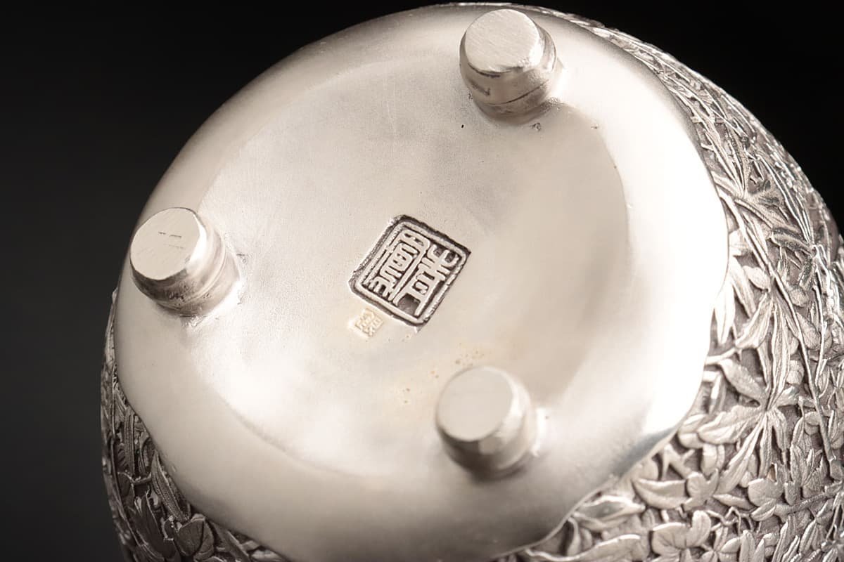 EK853 【彫金家 内島市平 作(青鳳)】美品 銀製 七草香炉・銀 EK853 【彫金家 内島市平 作(青鳳)】美品 銀製 七草香炉・銀
