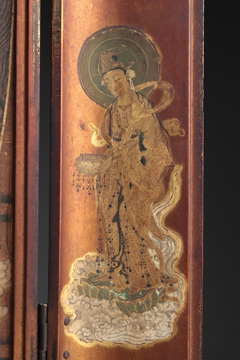 EK796 時代 仏教美術 黒内漆箔両面開厨子入 絹本着色 細密画 阿弥陀三 