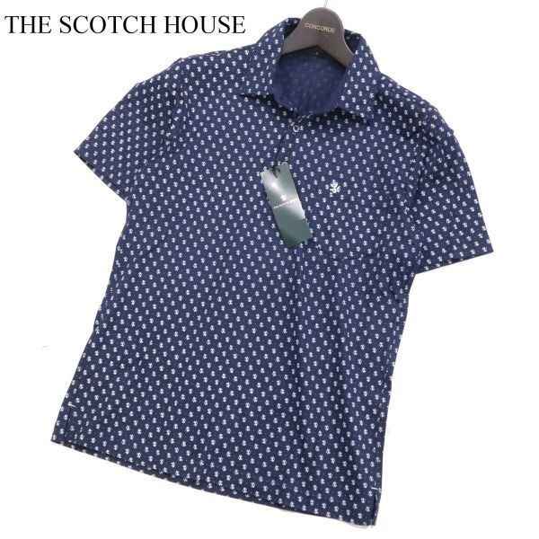 【新品 未使用】 THE SCOTCH HOUSE スコッチハウス 春夏 ロゴ刺繍&ロゴ総柄★ 半袖 ポロシャツ Sz.S　メンズ ネイビー　G3T01469_5#A_画像1