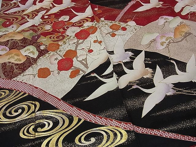 平和屋着物□極上 振袖 駒刺繍 飛鶴花文 金銀彩 京都きもの友禅扱い