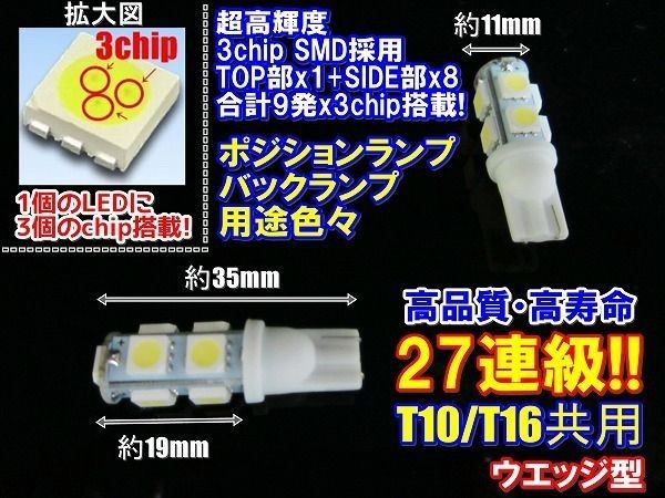 Nネ 2個セット 爆光 27連級 T10/T16 LED SMD ホワイト発光 3chip 9連_画像3