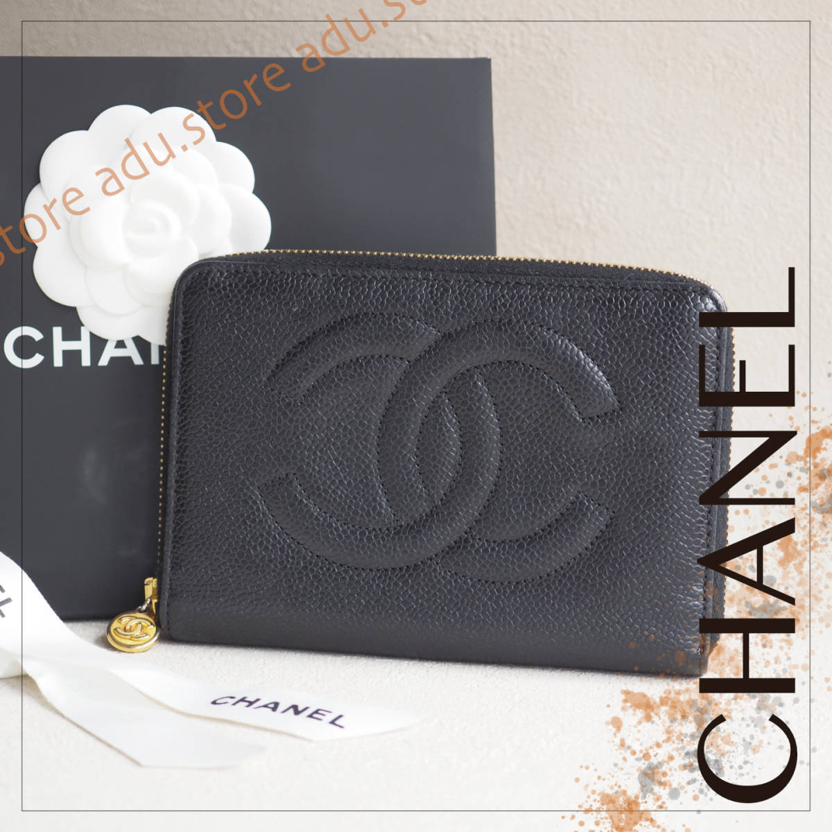 003 CHANEL デカココ キャビアスキン ラウンドファスナー長財布-