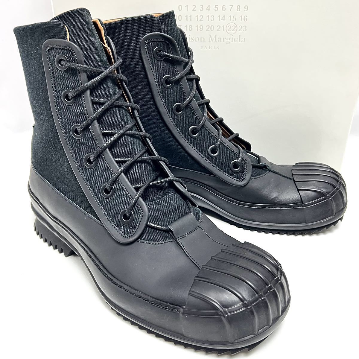 25cm 新品 メゾンマルジェラ ヒール ナンバーロゴ レースアップ ダービー ブーツ ブラック RIDGED TOE DERBY BOOTS 黒 ラバー レイン 雨の画像1