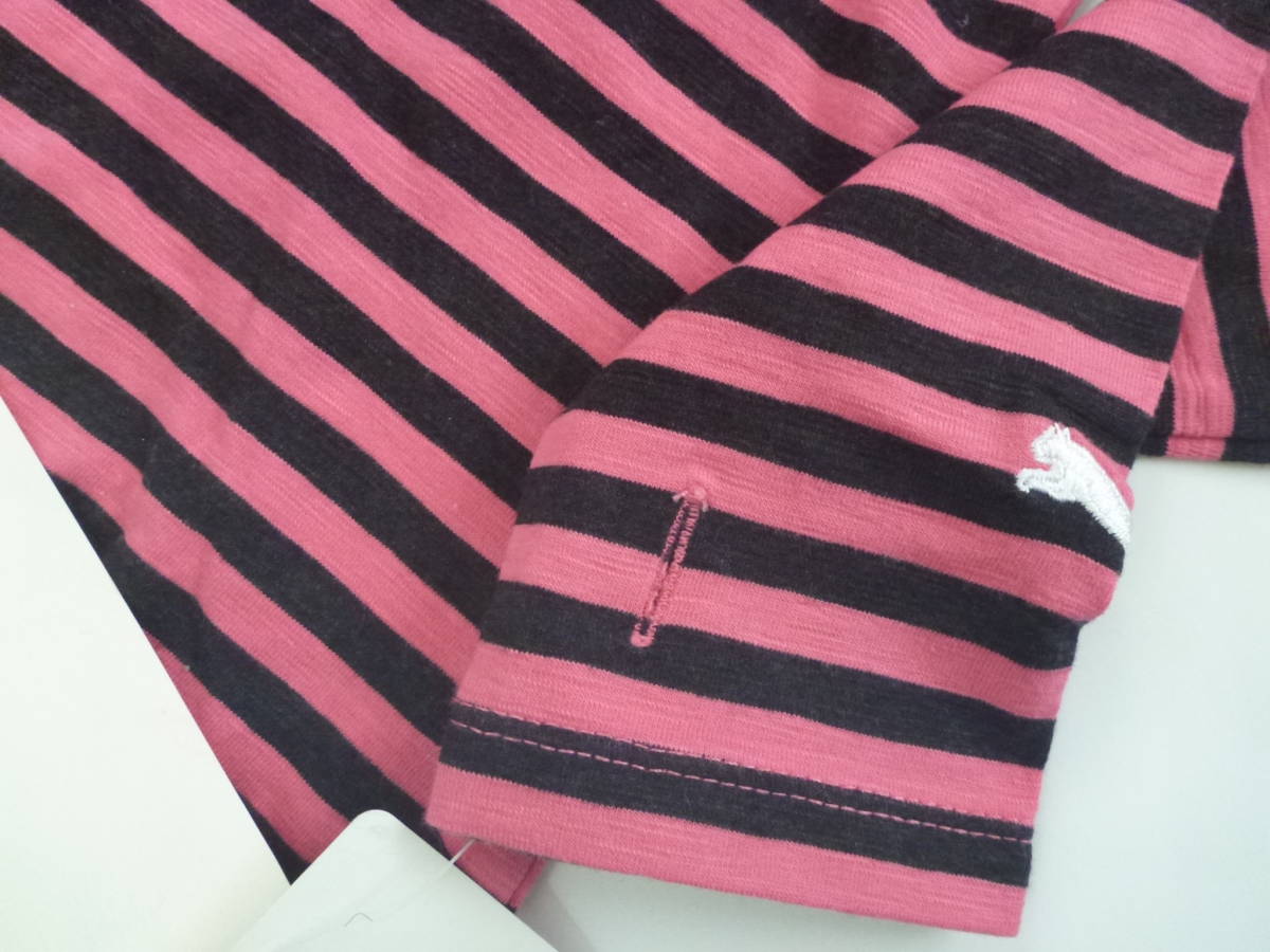 新品 PUMA プーマ★ピンク×黒　ボーダー　ロゴ刺繍　指通しあり　薄手セーター　ガールズM…130相当_画像4