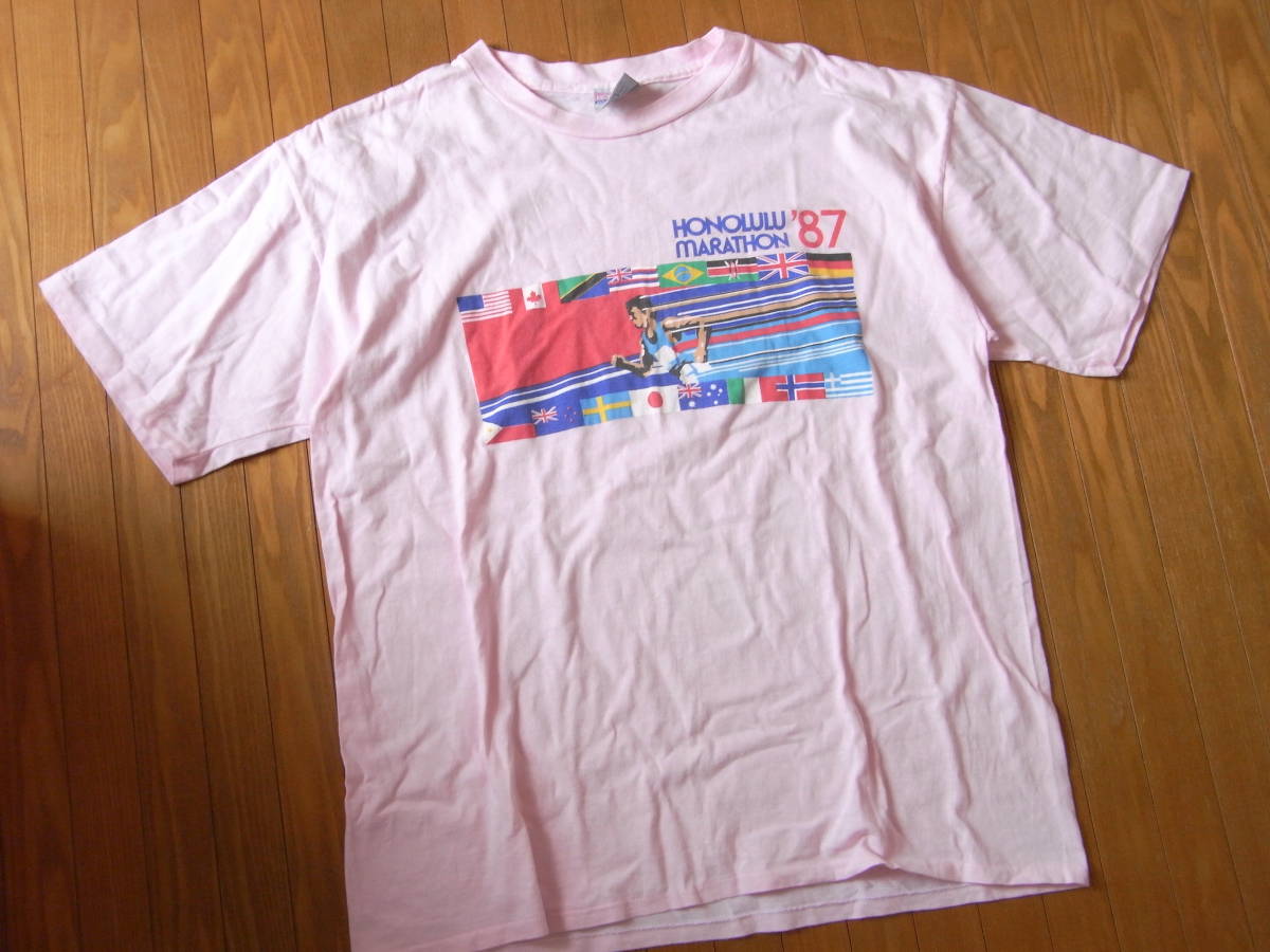 1989 80s USA製 アメリカ製 ヴィンテージ Honolulu Marathon ホノルルマラソン 半袖 Tシャツ 半袖シャツ 国旗柄 ピンク XL 2L LL メンズ