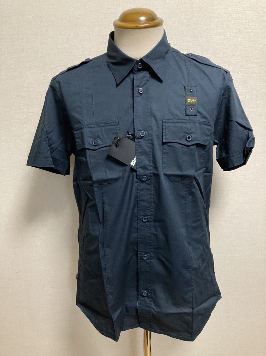 新品　ブラウワーBlauerUSA（米伊）　半袖シャツ　ネイビー　ストレッチ素材　　Ｌ→４８位　定価１．９万円_画像2