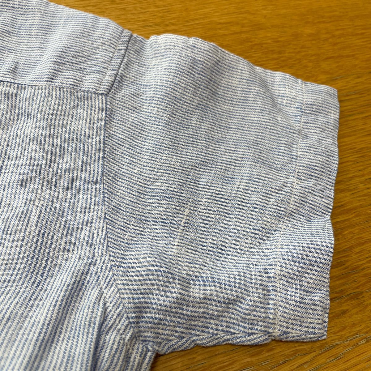 無印良品　フレンチリネン半袖シャツ　スモーキーブルーストライプシャツ　120cm