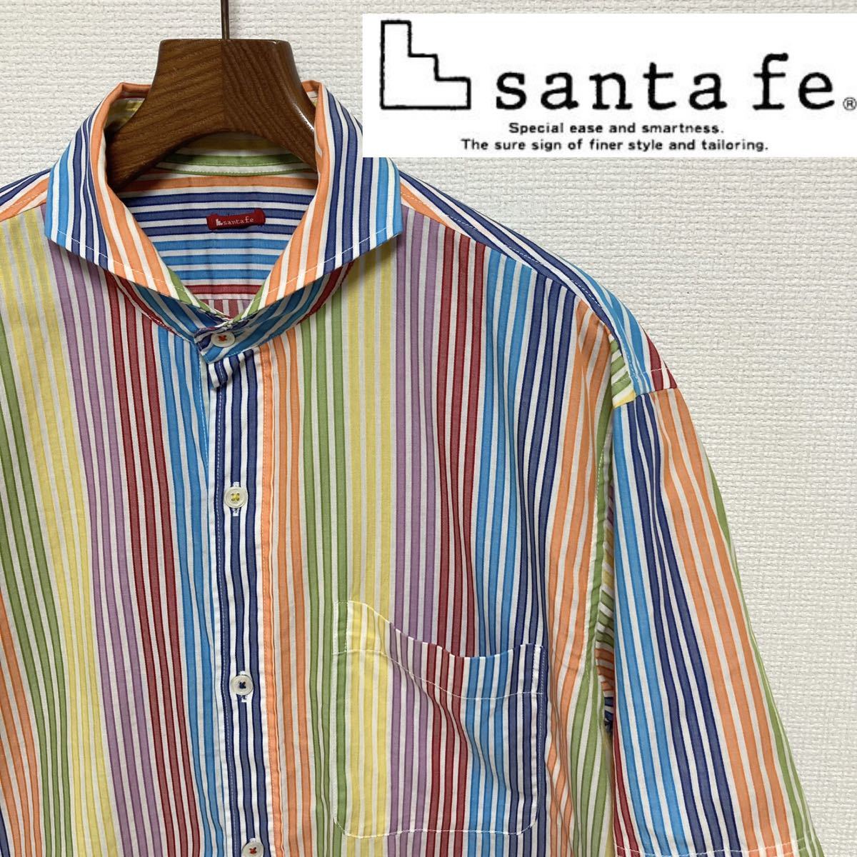 Santa Fe Santa Fe ■ Rainbow Stripe Wide Color Shirt 48 L Rainbow Red Blue Orange Green с коротким рукавом сделан в Японии