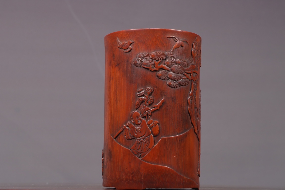 中国・清時代 竹彫 筆立 王石銘 竹刻人物筆筒 文房置物 竹器 古美術 古