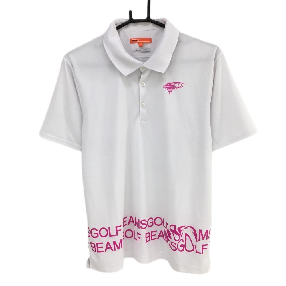 【超美品】ビームスゴルフ 半袖ポロシャツ 白×ピンク 裾ロゴ メンズ M ゴルフウェア 2022年モデル BEAMS GOLF