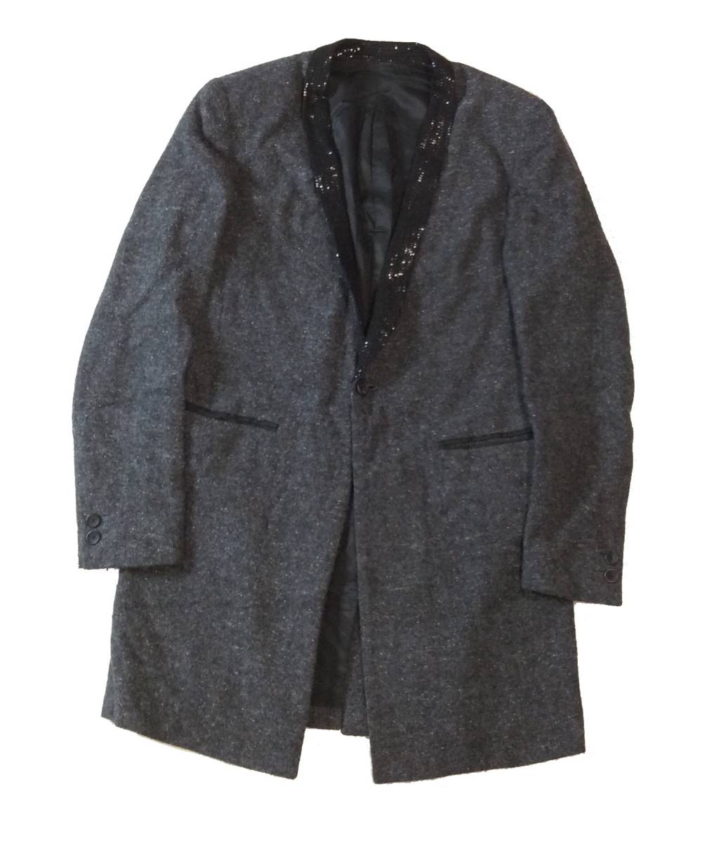 Scye サイ ウール シルク アンゴラ混 テーラードジャケット ロング丈 コート グレー×ブラック スパンコール メンズ 38 _画像1