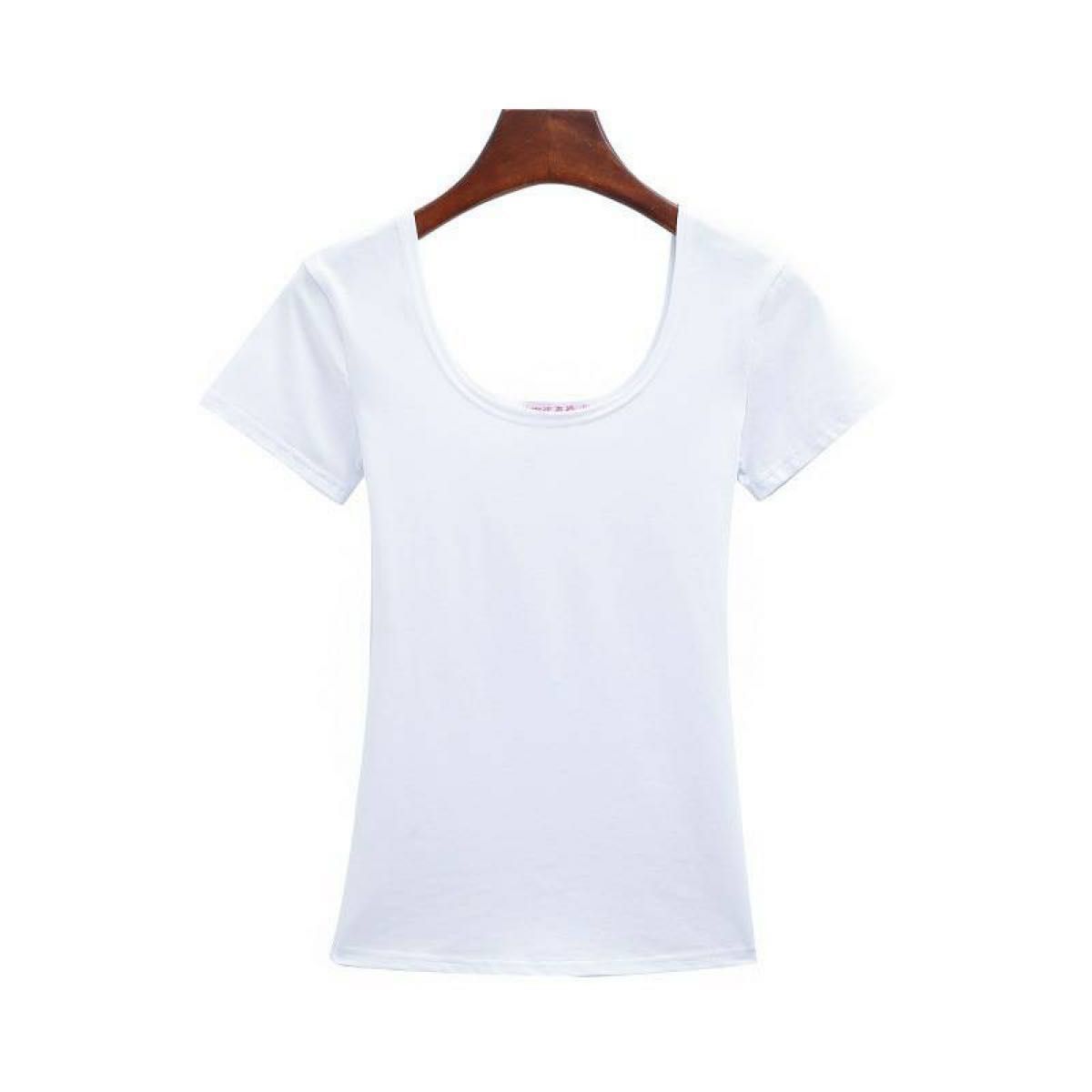 レディース Uネック 半袖 Tシャツ きれいめ シンプル かわいい 細身 スリムフィット ホワイト Lサイズ
