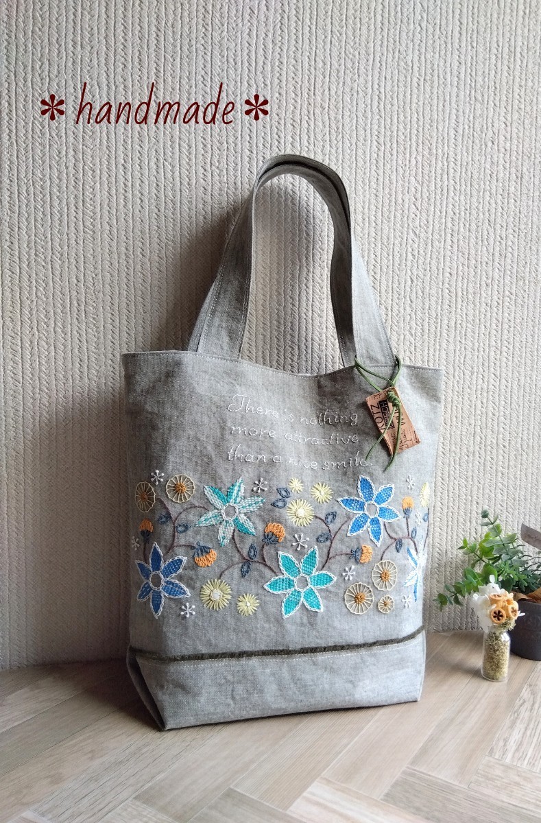 ＊花の手刺繍＊モスグリーン-ダンガリー＊本革チャーム＊ハンドメイドバッグ＊_画像1