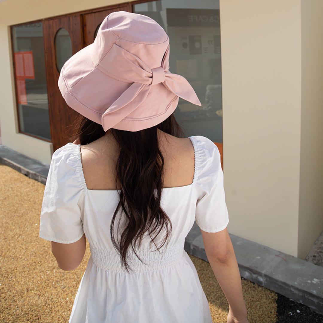 大人女性の リボン ハット 黒 かわいい 大人っぽい シンプル リバーシブル 紫外線カット リボン ハット 黒 かわいい シンプル