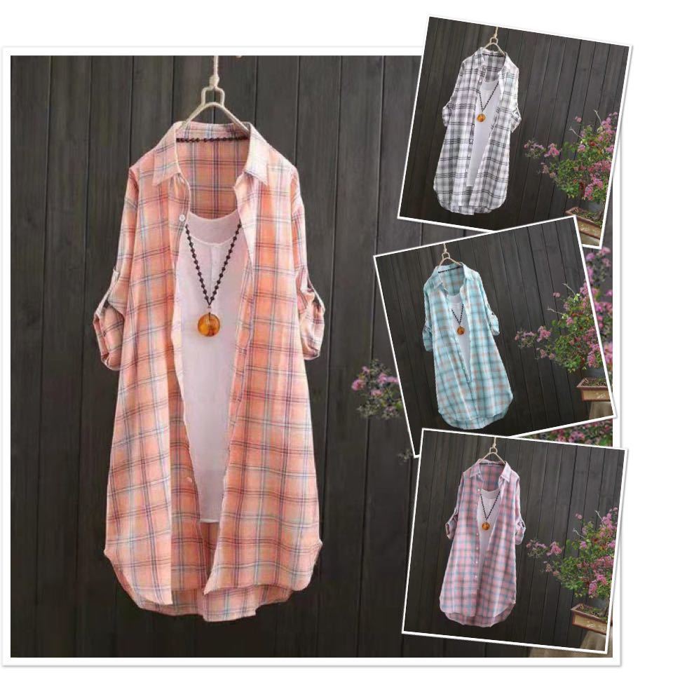  thin shirt One-piece long shirt check pattern tunic easy long sleeve lady's white L size 