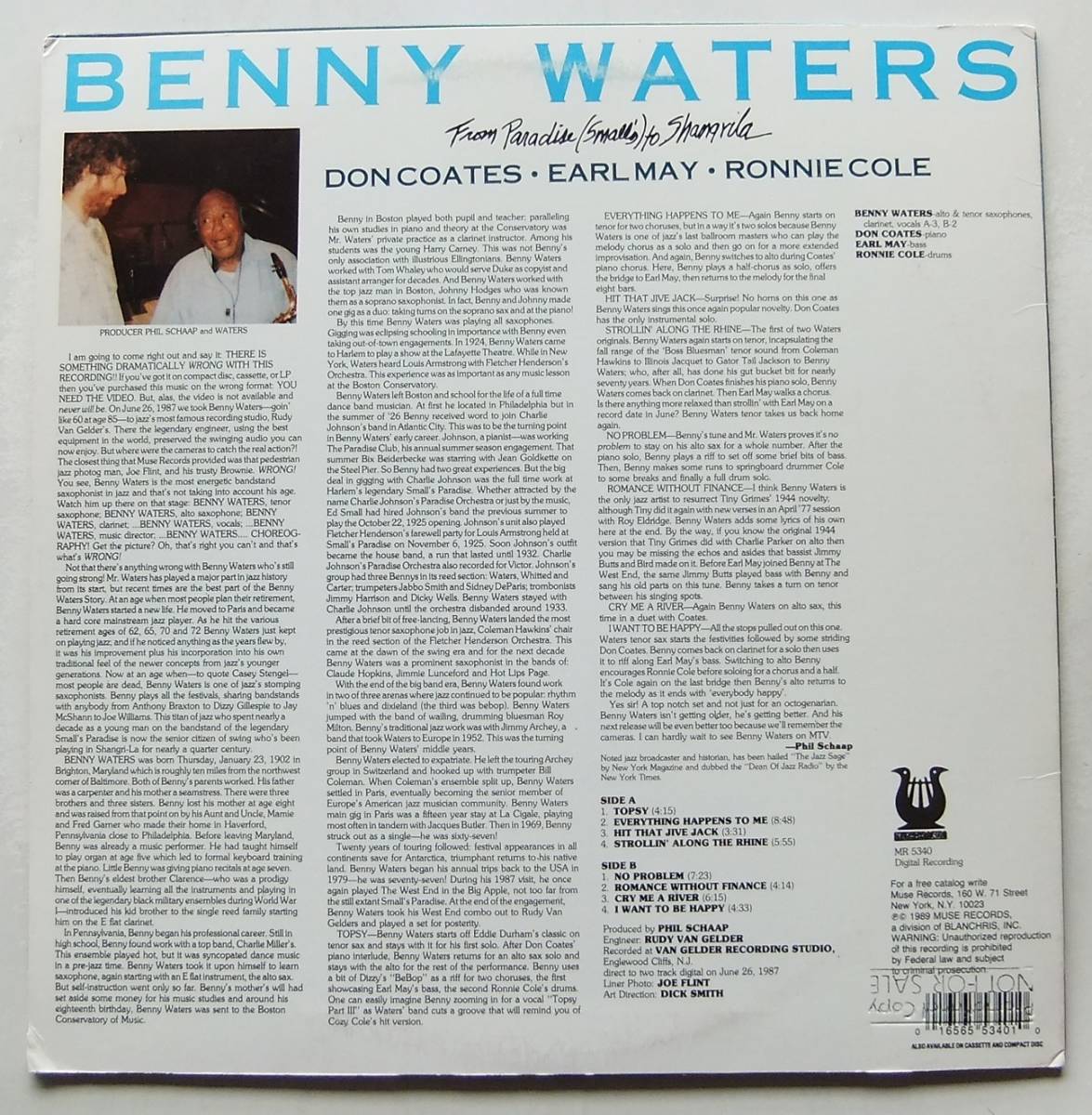 ◆ BENNY WATERS / From Paradise ( Small's ) to Shangrila ◆ Muse MR 5340 (VAN GELDER/Promo) ◆ V_画像2