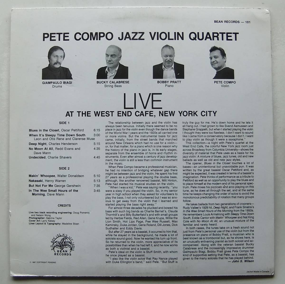 ◆ PETE COMPO Jazz Violin Quartet Live at The West End Caf NYC ◆ Bean 101 ◆ V_画像2